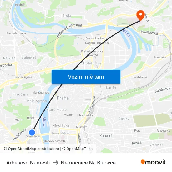 Arbesovo Náměstí to Nemocnice Na Bulovce map