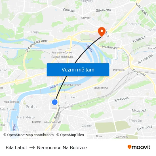 Bílá Labuť to Nemocnice Na Bulovce map