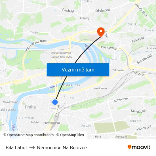Bílá Labuť to Nemocnice Na Bulovce map