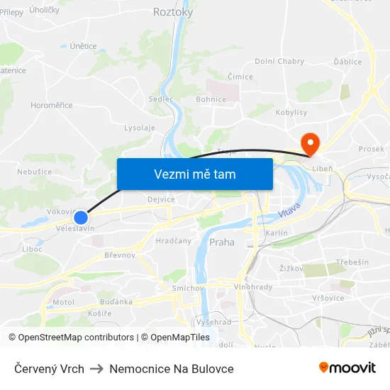Červený Vrch to Nemocnice Na Bulovce map