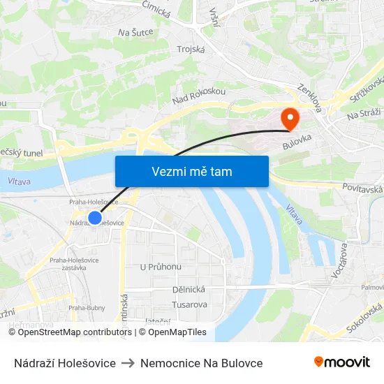 Nádraží Holešovice to Nemocnice Na Bulovce map