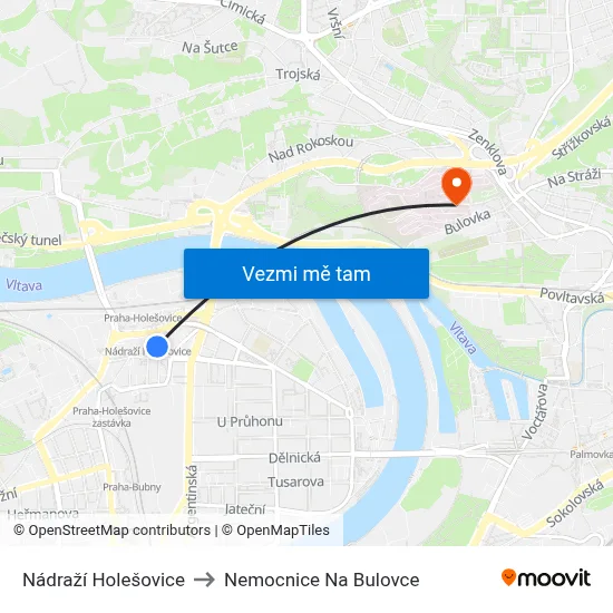 Nádraží Holešovice to Nemocnice Na Bulovce map