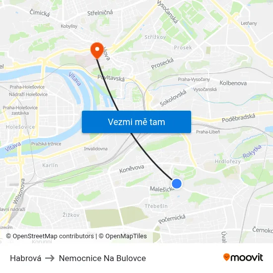 Habrová to Nemocnice Na Bulovce map