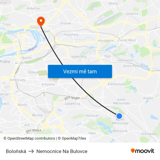Boloňská to Nemocnice Na Bulovce map