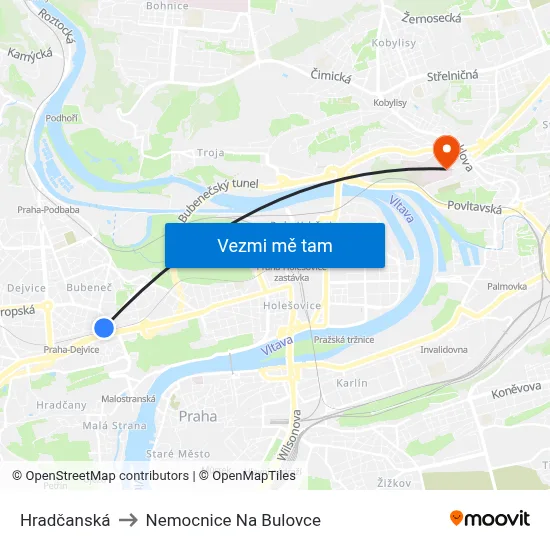 Hradčanská to Nemocnice Na Bulovce map