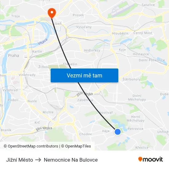 Jižní Město to Nemocnice Na Bulovce map