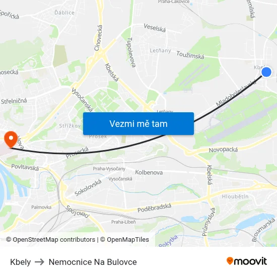 Kbely to Nemocnice Na Bulovce map