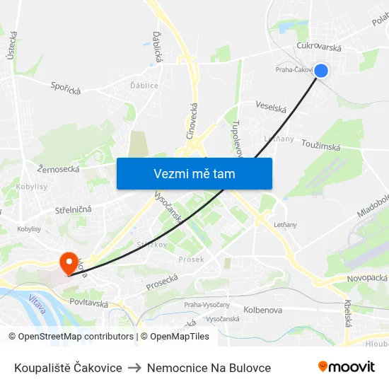 Koupaliště Čakovice to Nemocnice Na Bulovce map
