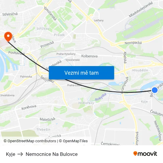 Kyje to Nemocnice Na Bulovce map
