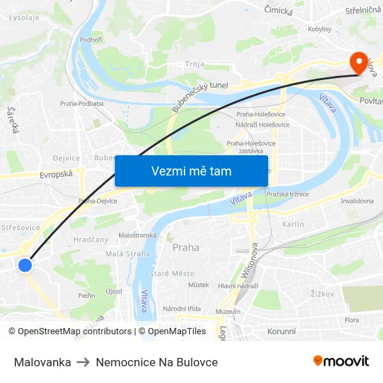 Malovanka to Nemocnice Na Bulovce map