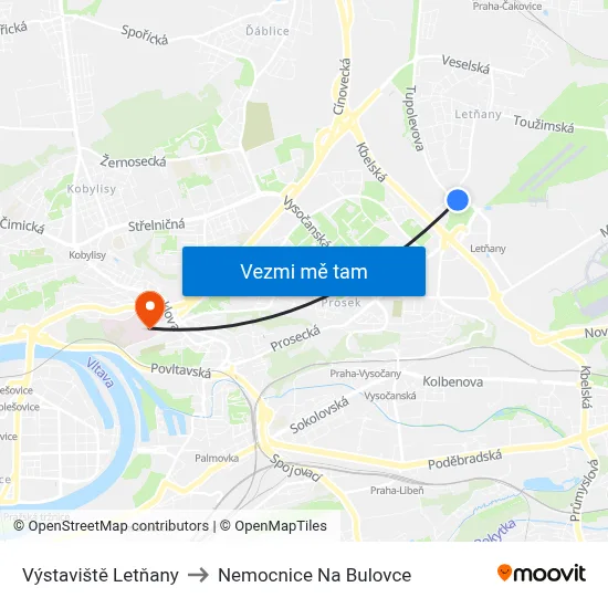 Výstaviště Letňany to Nemocnice Na Bulovce map