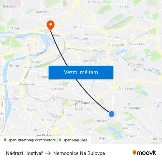 Nádraží Hostivař to Nemocnice Na Bulovce map