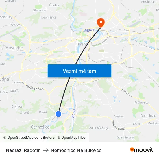 Nádraží Radotín to Nemocnice Na Bulovce map