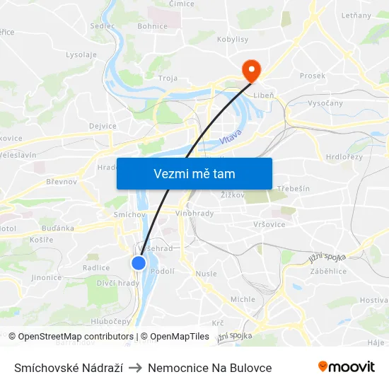 Smíchovské Nádraží to Nemocnice Na Bulovce map
