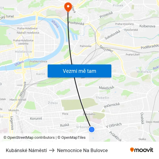 Kubánské Náměstí to Nemocnice Na Bulovce map