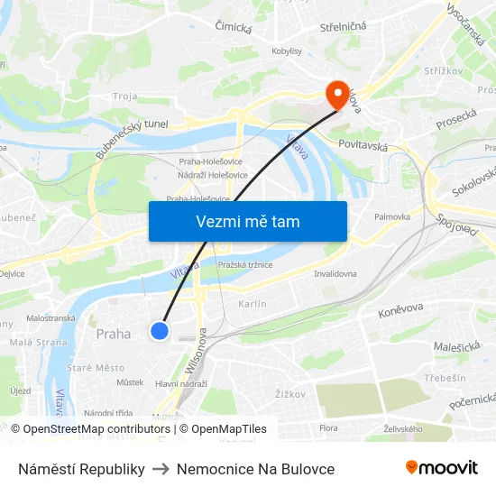 Náměstí Republiky to Nemocnice Na Bulovce map
