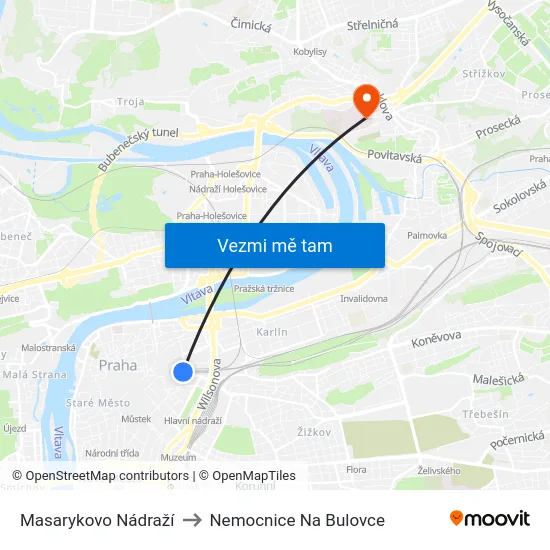 Masarykovo Nádraží to Nemocnice Na Bulovce map