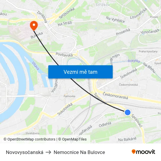 Novovysočanská to Nemocnice Na Bulovce map