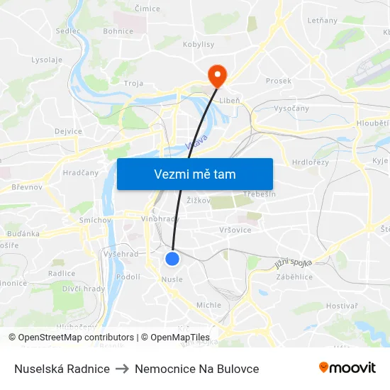 Nuselská Radnice to Nemocnice Na Bulovce map