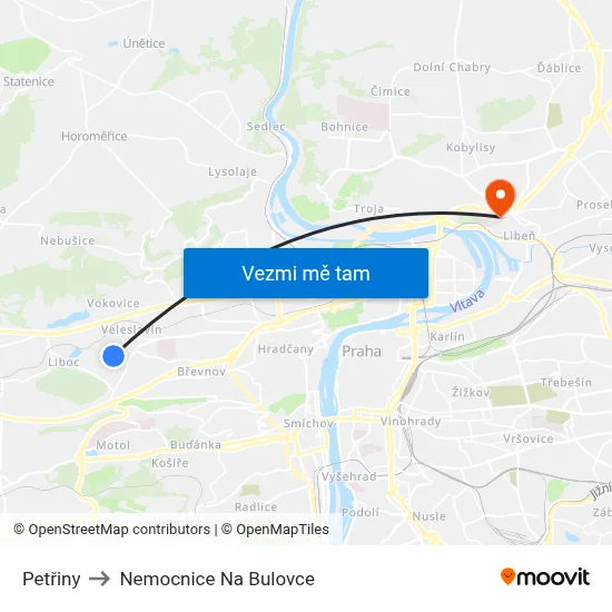 Petřiny to Nemocnice Na Bulovce map