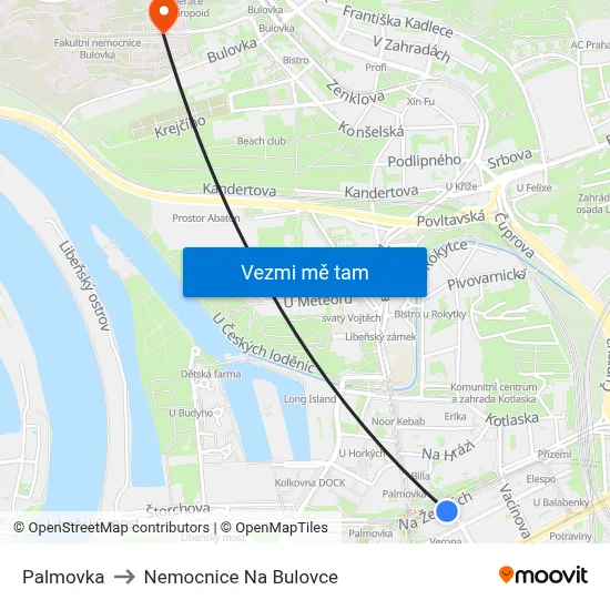 Palmovka to Nemocnice Na Bulovce map