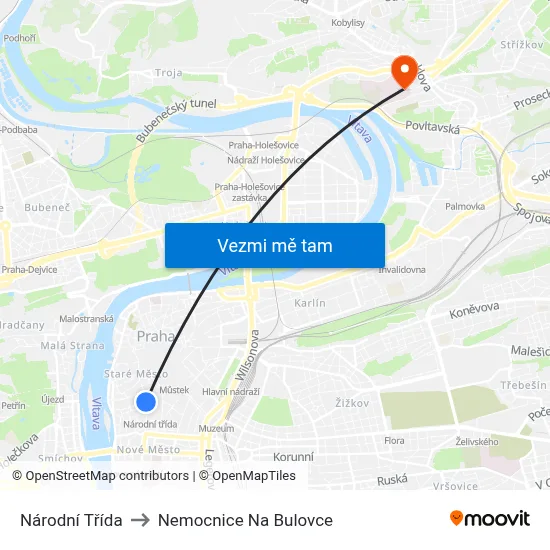 Národní Třída to Nemocnice Na Bulovce map