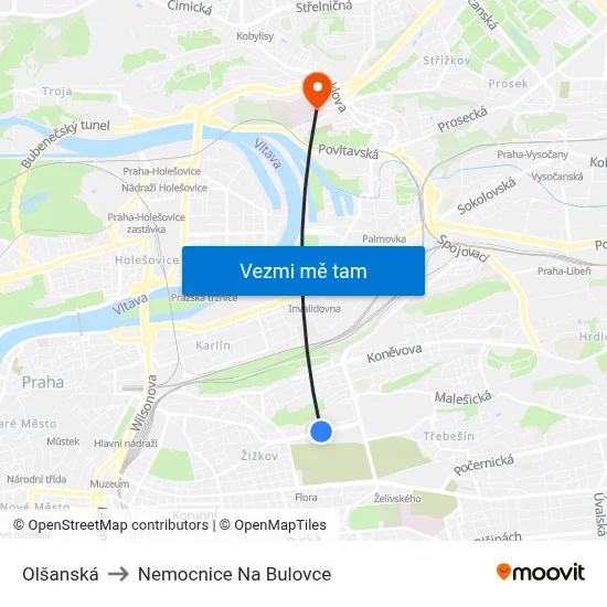 Olšanská to Nemocnice Na Bulovce map