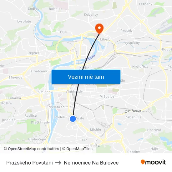 Pražského Povstání to Nemocnice Na Bulovce map