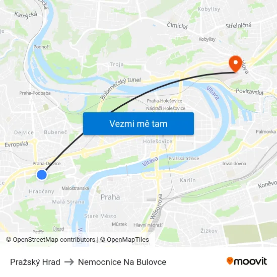 Pražský Hrad to Nemocnice Na Bulovce map