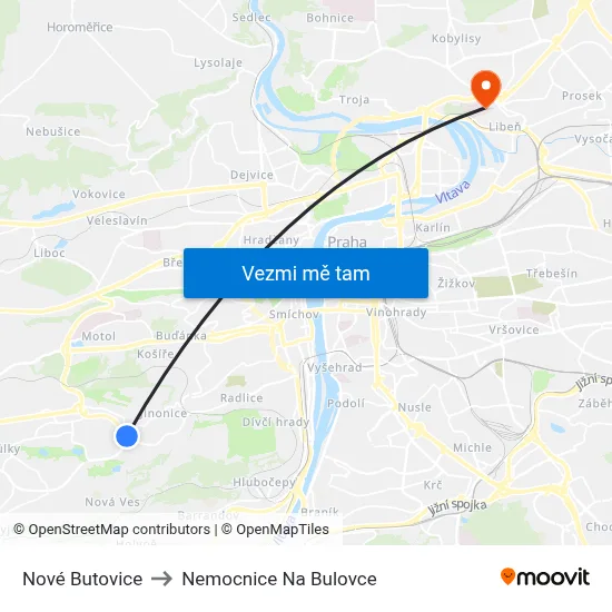 Nové Butovice to Nemocnice Na Bulovce map