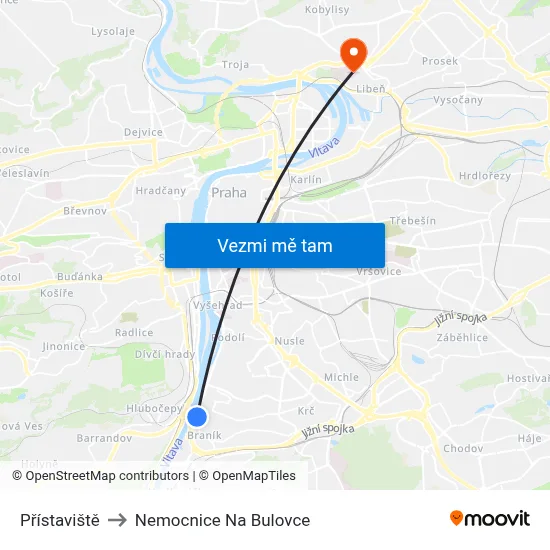 Přístaviště to Nemocnice Na Bulovce map