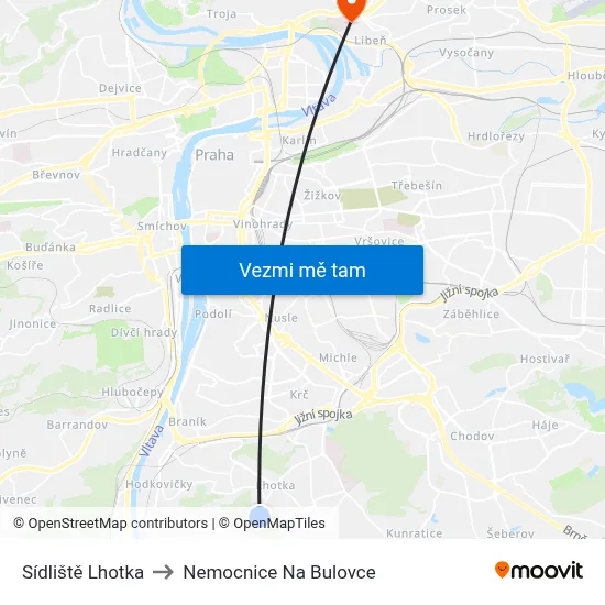 Sídliště Lhotka to Nemocnice Na Bulovce map