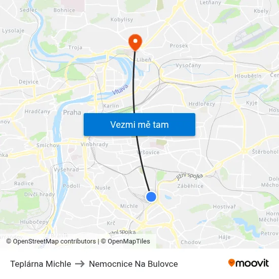 Teplárna Michle to Nemocnice Na Bulovce map
