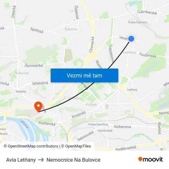 Avia Letňany to Nemocnice Na Bulovce map
