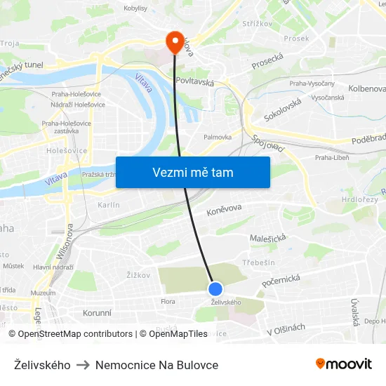 Želivského to Nemocnice Na Bulovce map