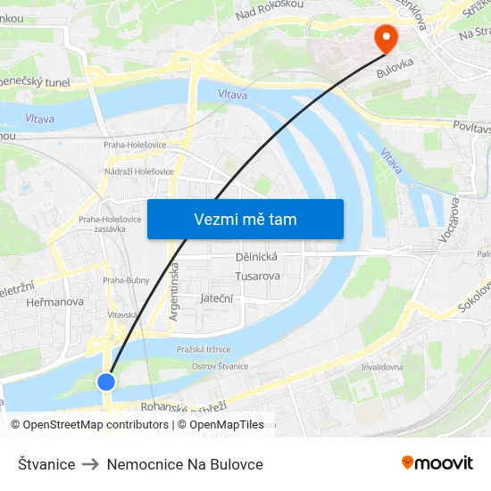 Štvanice to Nemocnice Na Bulovce map