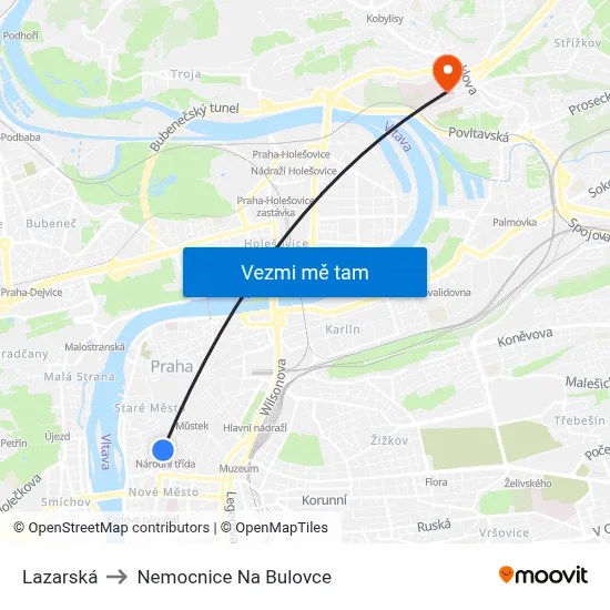 Lazarská to Nemocnice Na Bulovce map