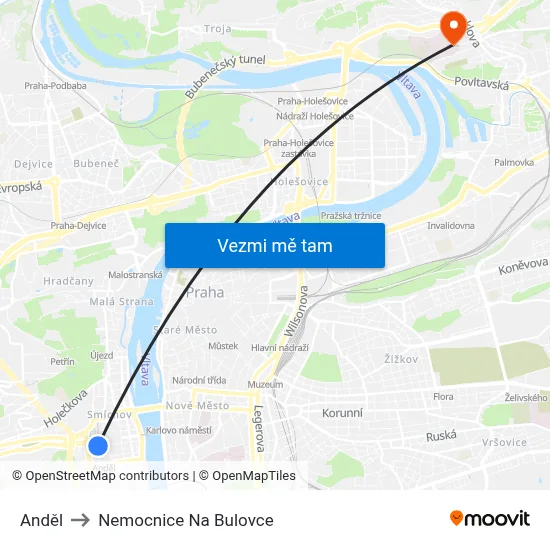Anděl to Nemocnice Na Bulovce map