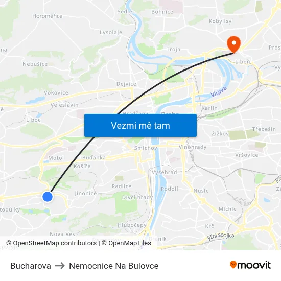 Bucharova to Nemocnice Na Bulovce map
