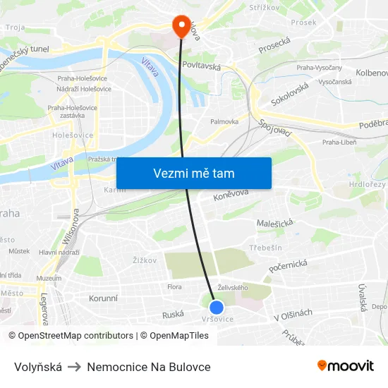 Volyňská to Nemocnice Na Bulovce map