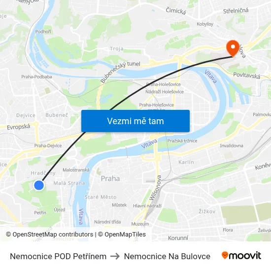 Nemocnice POD Petřínem to Nemocnice Na Bulovce map