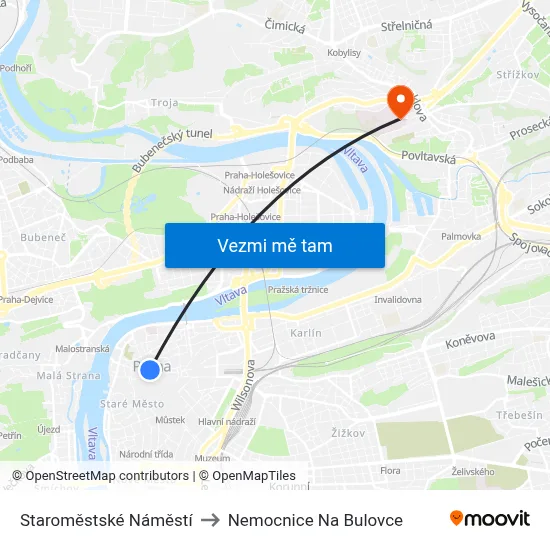 Staroměstské Náměstí to Nemocnice Na Bulovce map