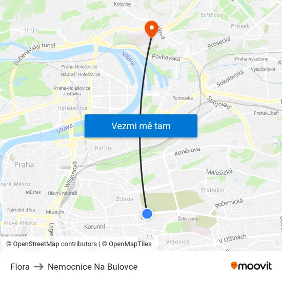 Flora to Nemocnice Na Bulovce map
