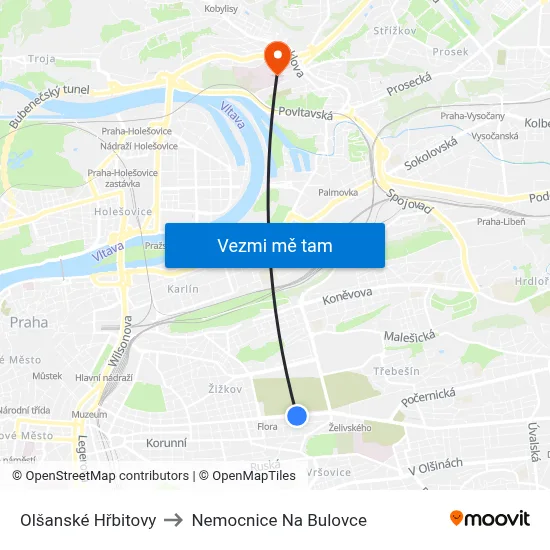 Olšanské Hřbitovy to Nemocnice Na Bulovce map