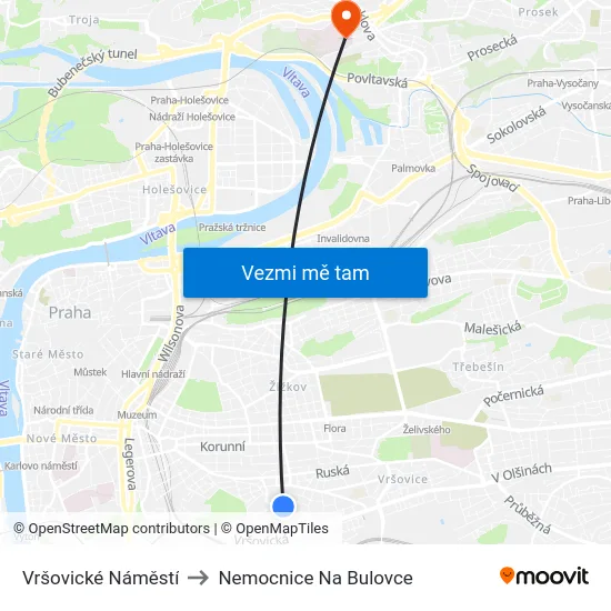 Vršovické Náměstí to Nemocnice Na Bulovce map