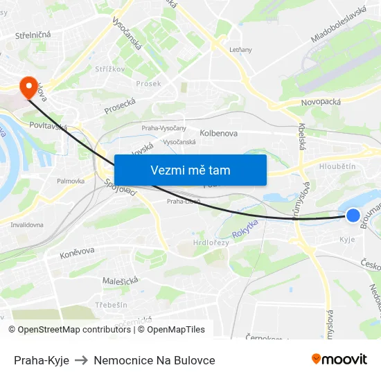 Praha-Kyje to Nemocnice Na Bulovce map