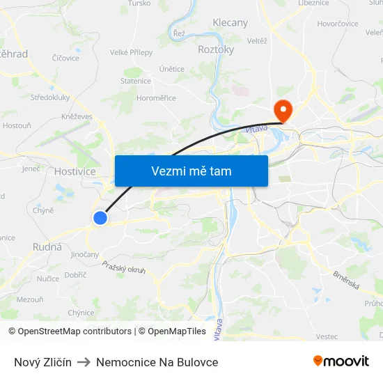 Nový Zličín to Nemocnice Na Bulovce map