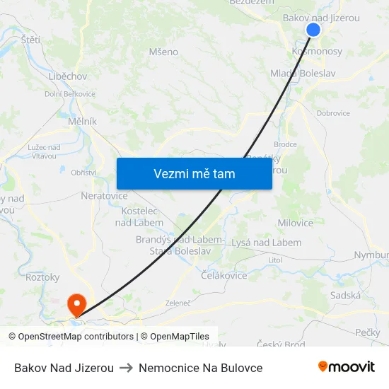 Bakov Nad Jizerou to Nemocnice Na Bulovce map