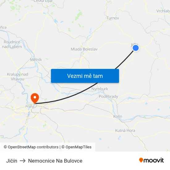 Jičín to Nemocnice Na Bulovce map