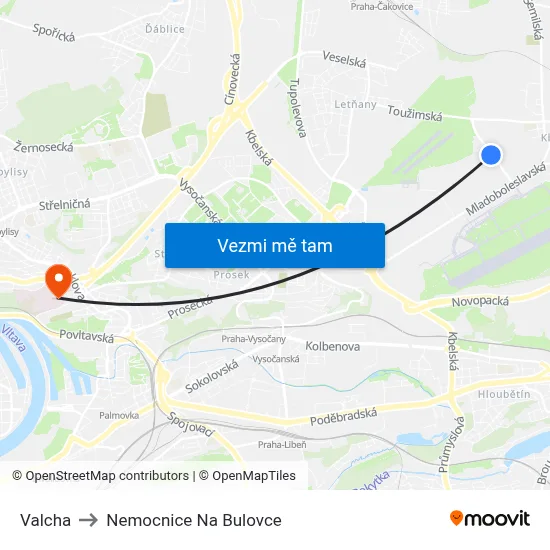 Valcha to Nemocnice Na Bulovce map